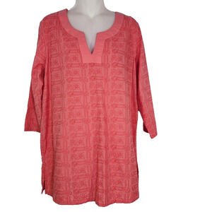 Tantrums Tunic Top Women Size XL Pink Embroidered 3/4 Sleeve Split V Neck Cotton